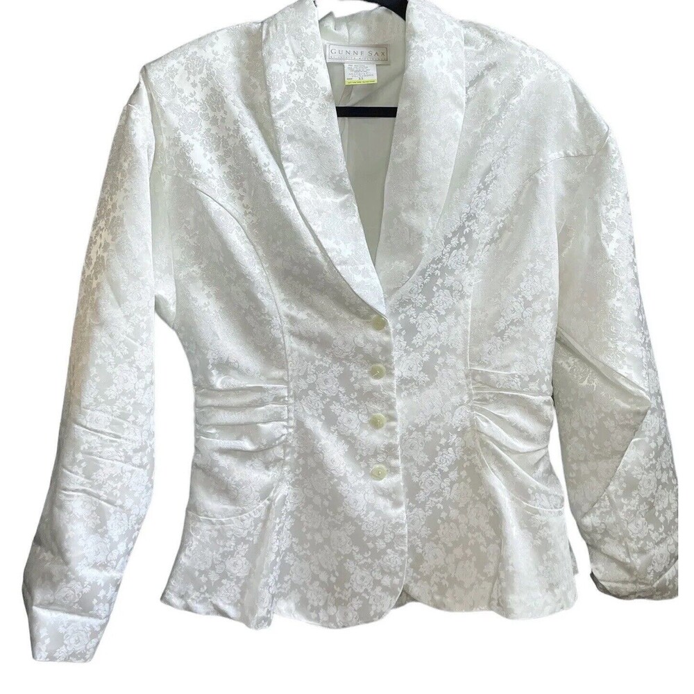 Gunne Sax Sz 11 White Satin Corset Jacket Blazer Floral Brocade Peplum VTG